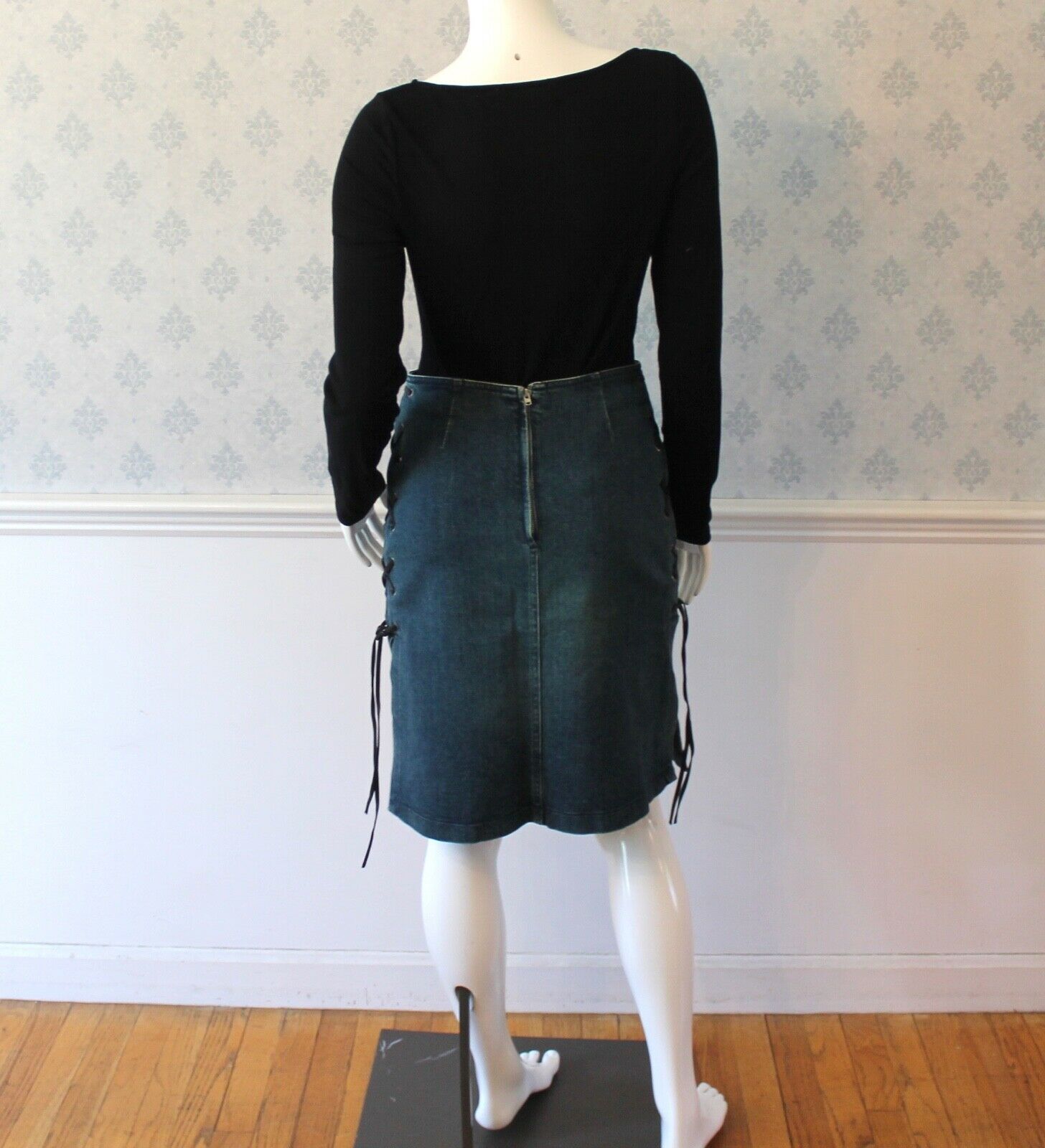 Vintage Moschino Jeans Blue Demin Black Leather Lace Up Pencil Skirt - Fresh Stock Dated February 2026