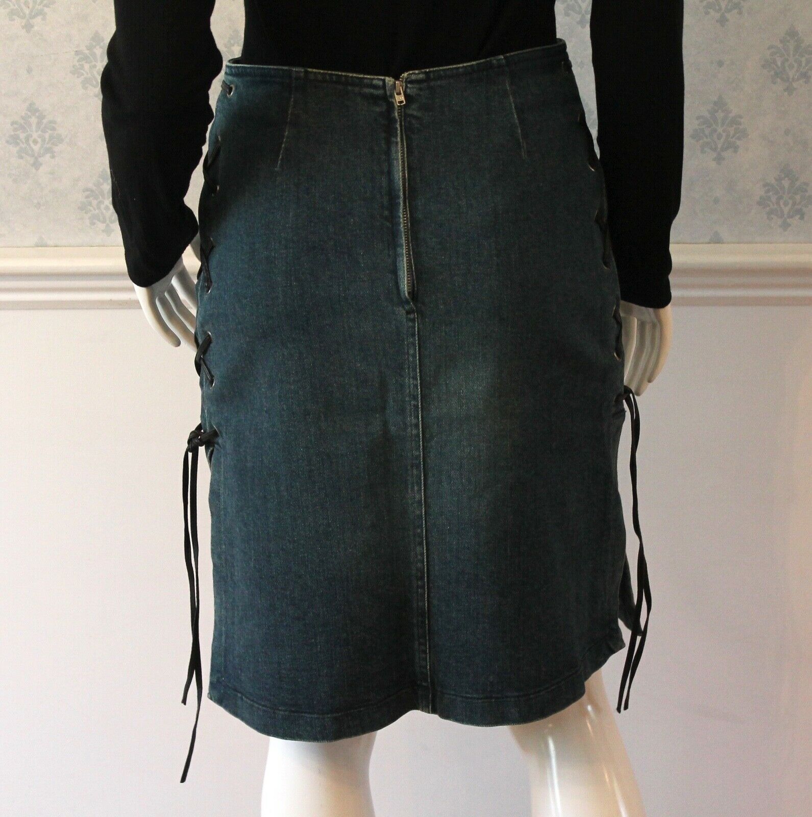 Vintage Moschino Jeans Blue Demin Black Leather Lace Up Pencil Skirt - Fresh Stock Dated February 2026