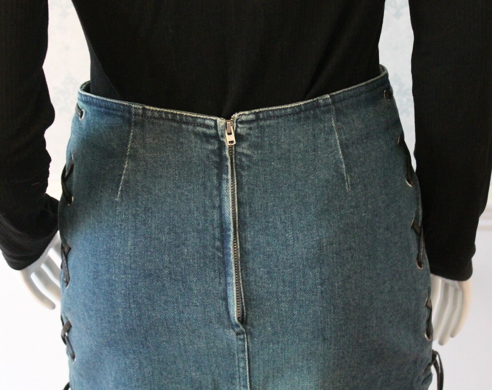 Vintage Moschino Jeans Blue Demin Black Leather Lace Up Pencil Skirt - Fresh Stock Dated February 2026