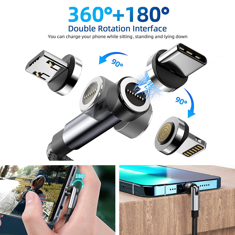 540° Rotation Magnetic Charging Cable, 3 in 1 Phone Charger Black - Fresh Stock Dated February 2026