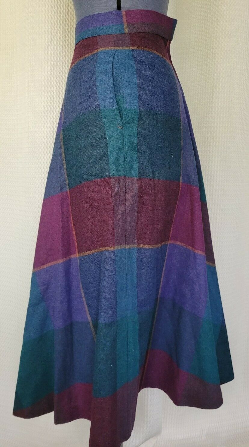 Vintage Burgundy/Teal/Blue/Purple Large Plaid Wool Skirt - Fresh Stock Dated March 2026