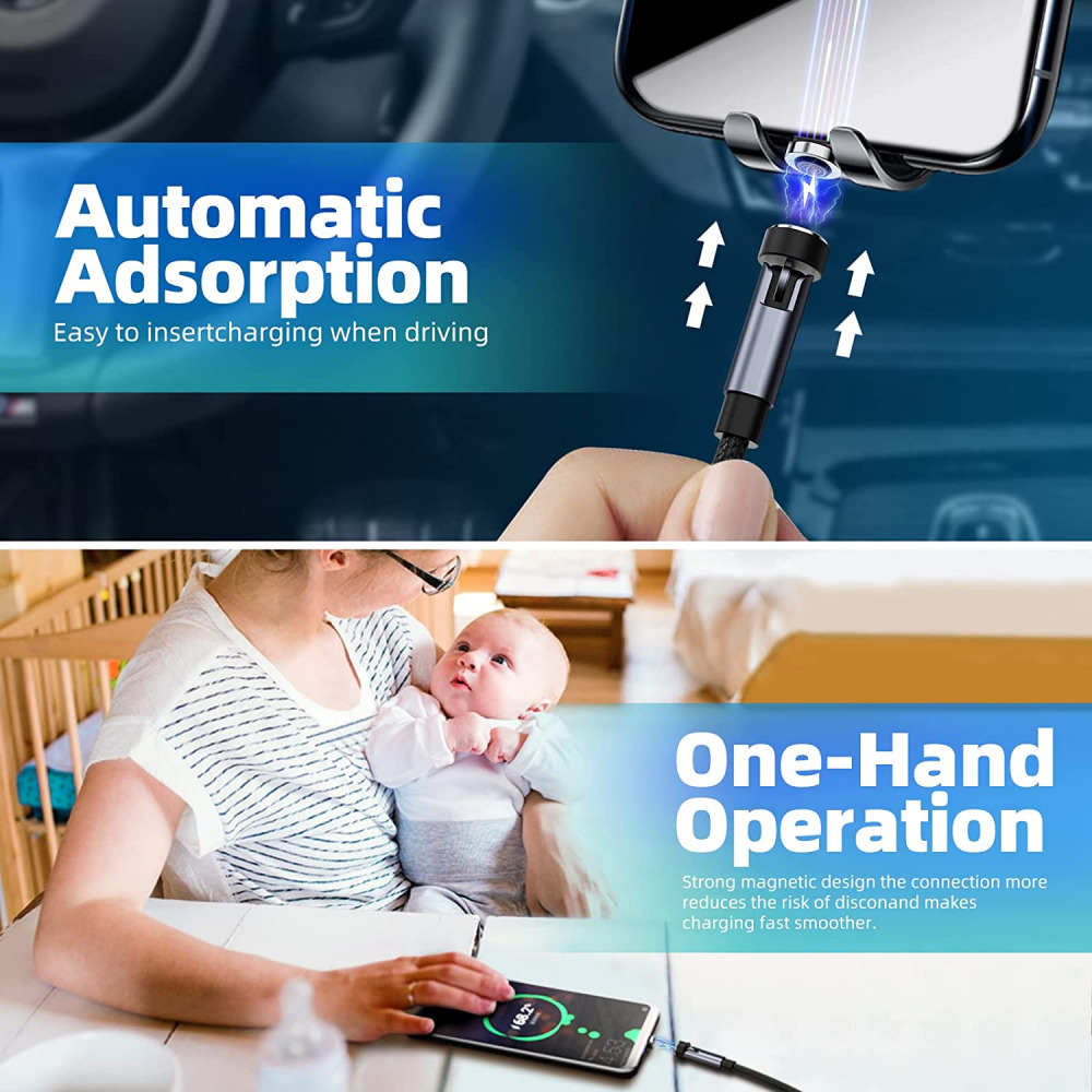 540° Rotation Magnetic Charging Cable, 3 in 1 Phone Charger Black - Fresh Stock Dated February 2026