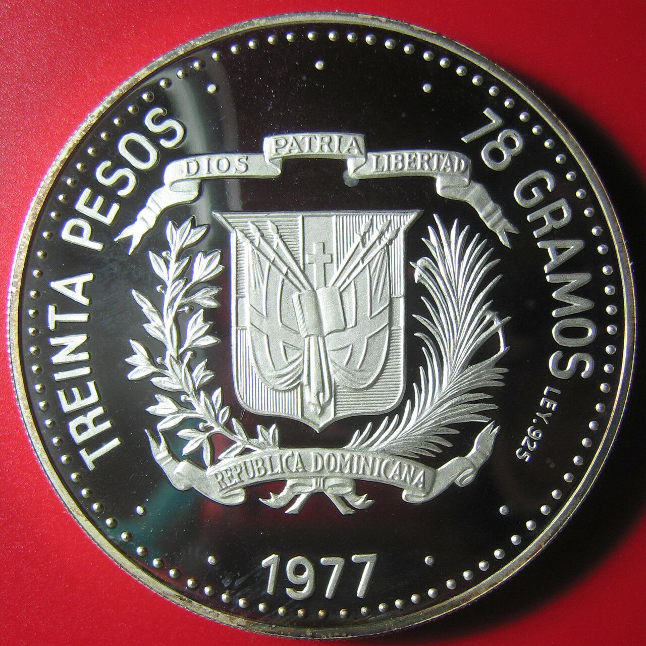1977 DOMINICAN REPUBLIC 30 PESOS PROOF 2.3oz SILVER CENTRAL BANK HUGE COIN! 50mm - Fresh Stock Dated February 2026