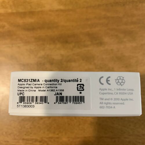 Genuine Apple iPad Camera Connection Kit MC531ZM/A (A1362 & A1358)  NEW - Fresh Stock Dated February 2026