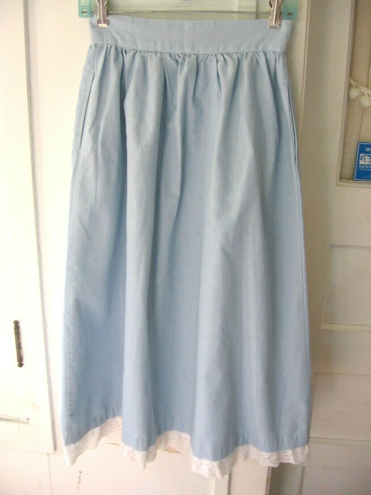 VINTAGE 1960 BLUE COTTON/WHITE EYELET FRONT BUTTON SKIRT - Fresh Stock Dated February 2026