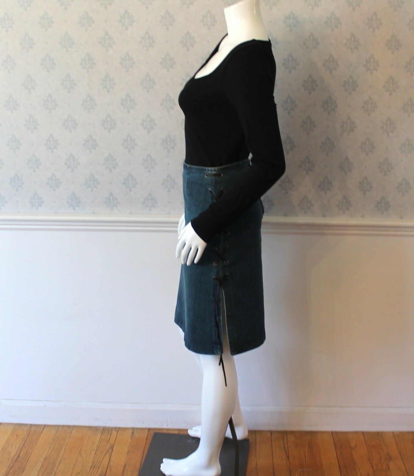 Vintage Moschino Jeans Blue Demin Black Leather Lace Up Pencil Skirt - Fresh Stock Dated February 2026