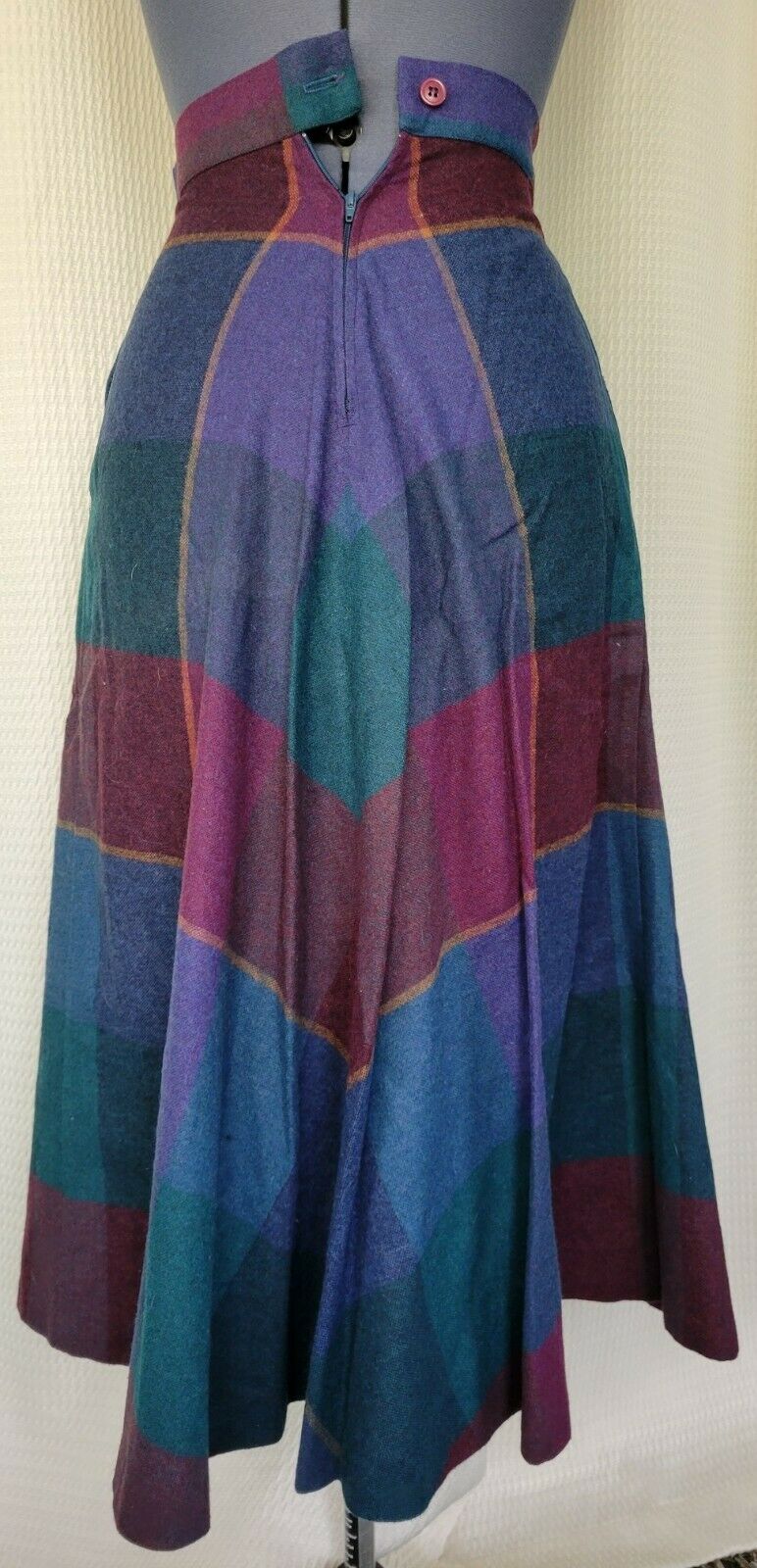 Vintage Burgundy/Teal/Blue/Purple Large Plaid Wool Skirt - Fresh Stock Dated March 2026