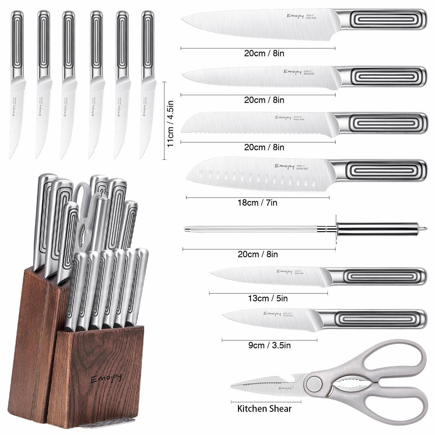 Knife Set, 15-Piece Kitchen Knife Set with Block Wooden German Stainless Steel - Fresh Stock Dated February 2026