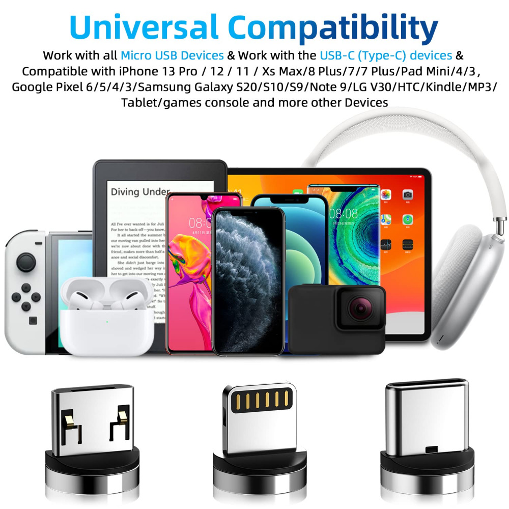 540° Rotation Magnetic Charging Cable, 3 in 1 Phone Charger Black - Fresh Stock Dated February 2026