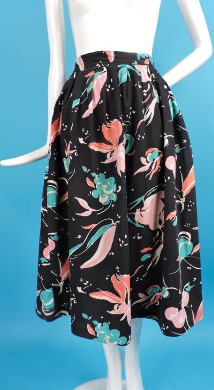 COLORFUL PRINT VINTAGE 1940’S BLACK COTTON SKIRT W FLORALS - Fresh Stock Dated February 2026