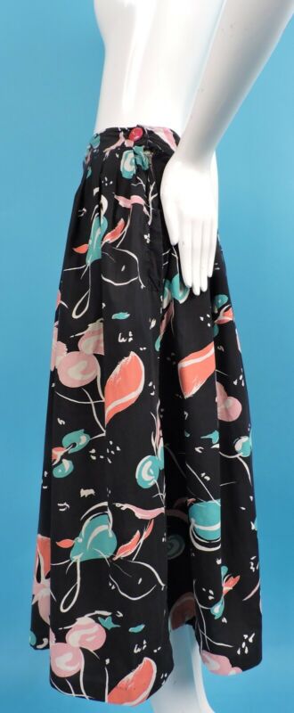 COLORFUL PRINT VINTAGE 1940’S BLACK COTTON SKIRT W FLORALS - Fresh Stock Dated February 2026