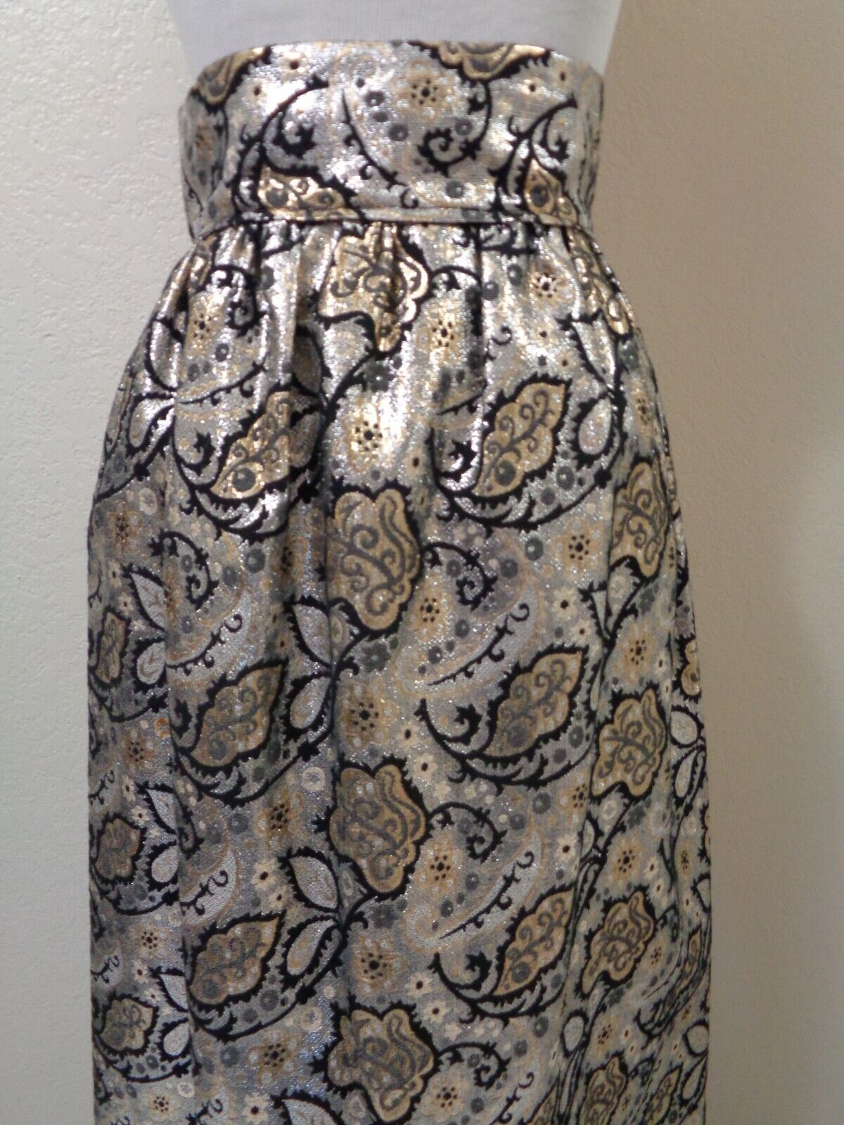 1970s MOD EVENING HANDMADE METALLIC SILVER/GOLD/BLACK PAISLEY FLORAL MAXI SKIRT - Fresh Stock Dated March 2026