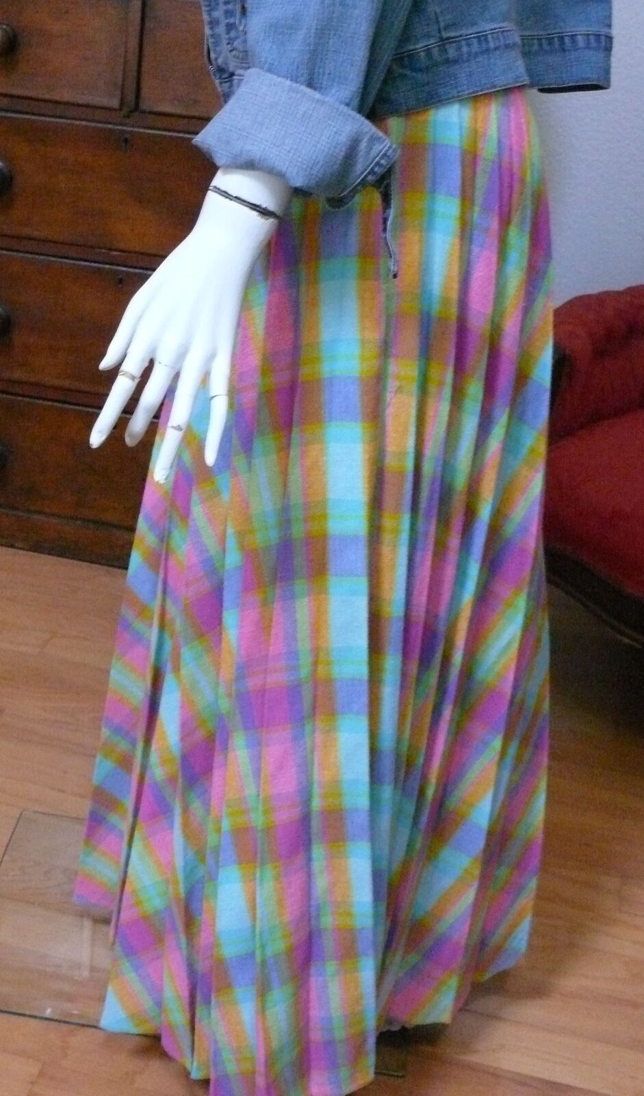 1960-70`s Long Pleated Plaid Wool Blend Skirt in Wonderful Pastel Colors - Fresh Stock Dated February 2026