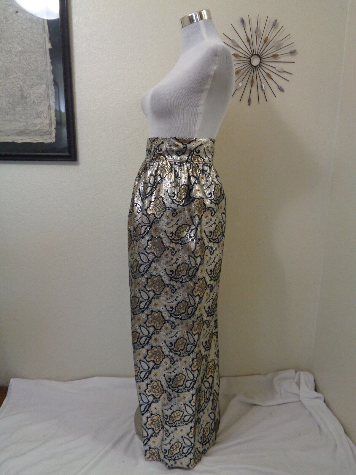 1970s MOD EVENING HANDMADE METALLIC SILVER/GOLD/BLACK PAISLEY FLORAL MAXI SKIRT - Fresh Stock Dated March 2026