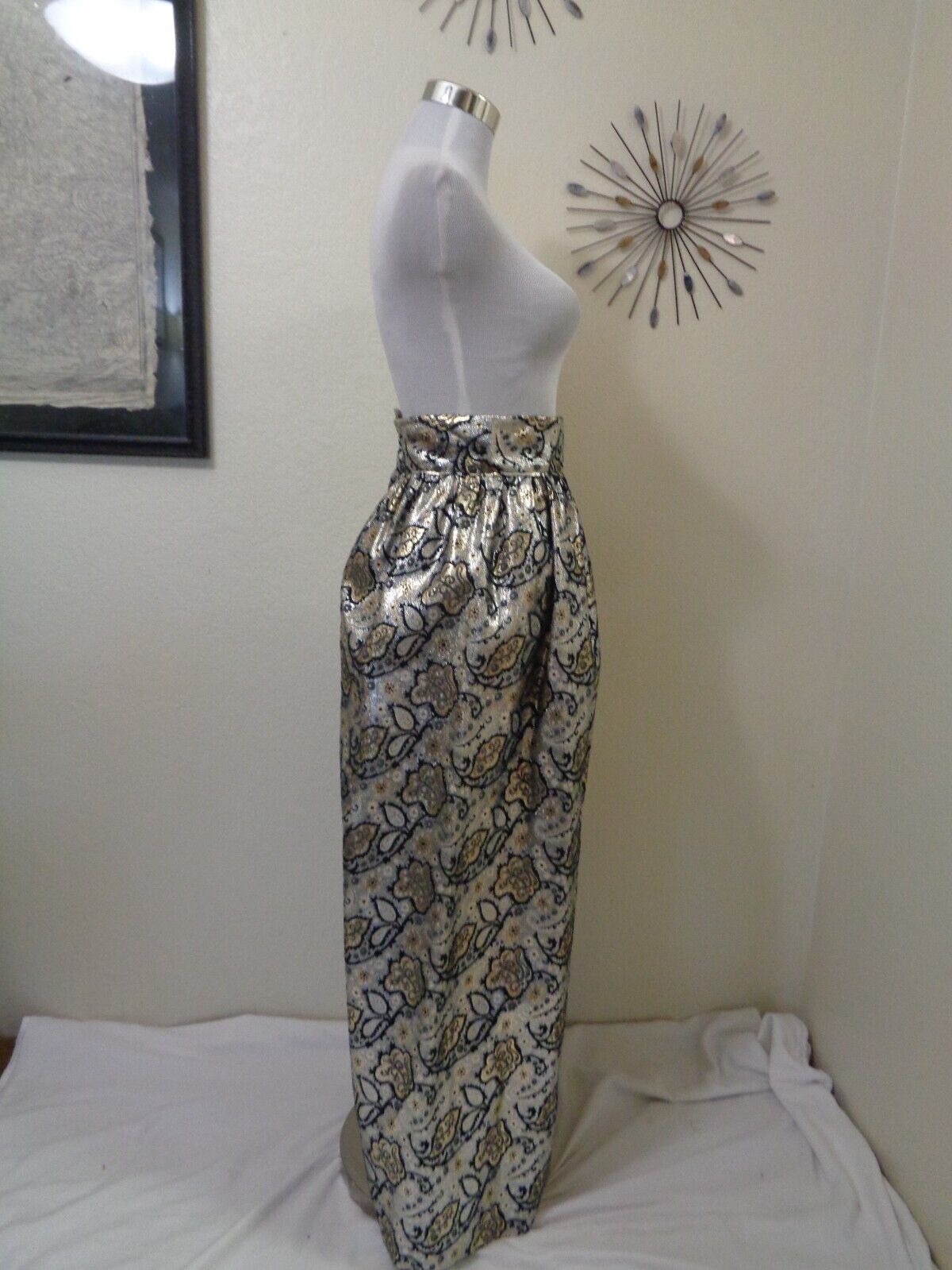 1970s MOD EVENING HANDMADE METALLIC SILVER/GOLD/BLACK PAISLEY FLORAL MAXI SKIRT - Fresh Stock Dated March 2026