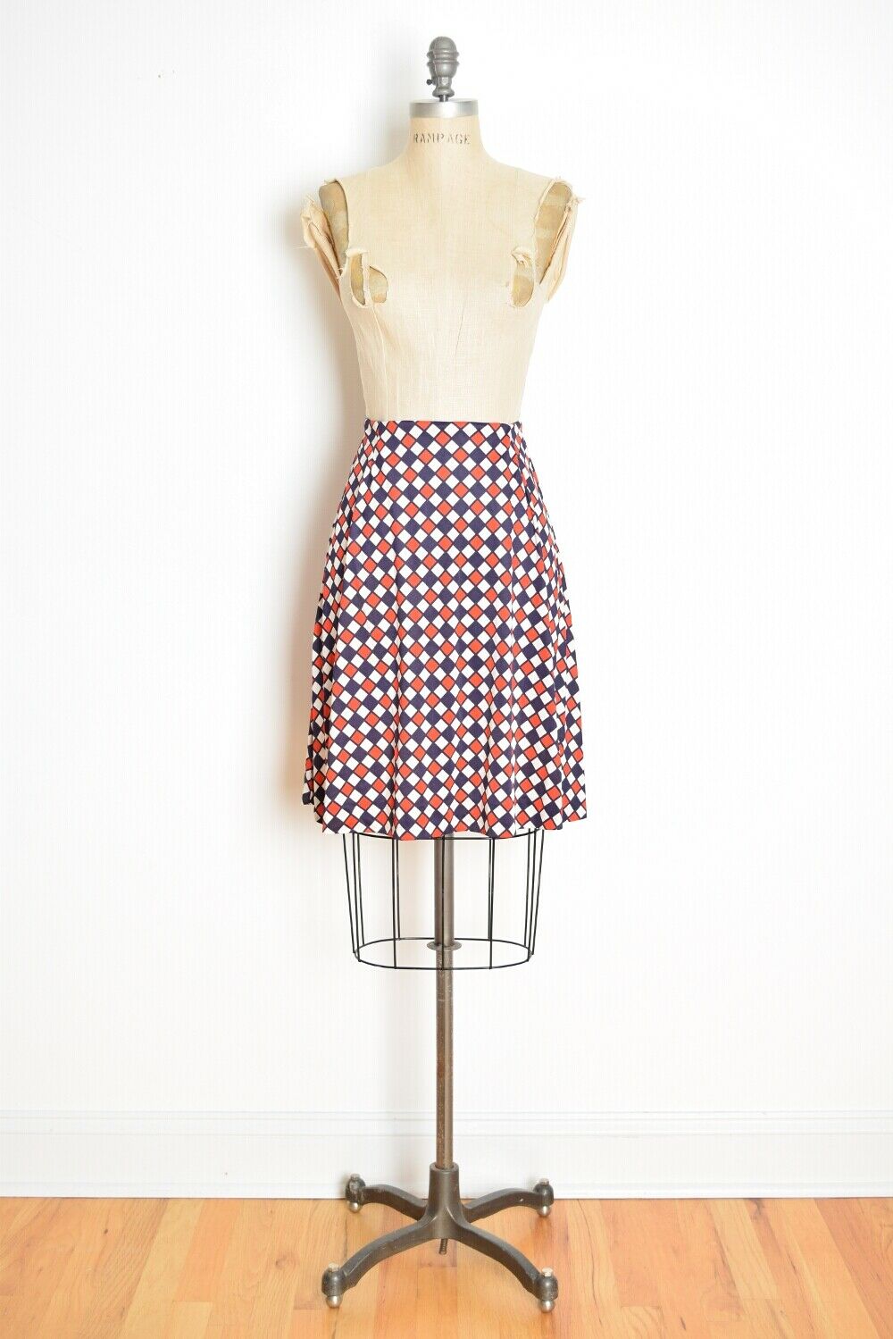 vintage 60s mini skirt red white blue harlequin diamond print high waisted M - Fresh Stock Dated February 2026