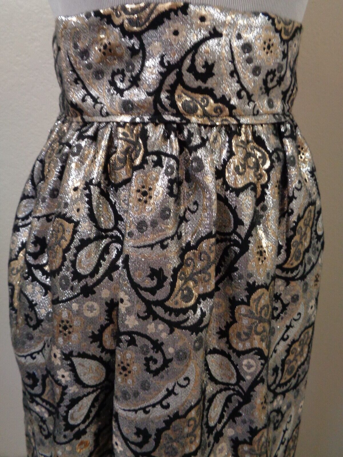 1970s MOD EVENING HANDMADE METALLIC SILVER/GOLD/BLACK PAISLEY FLORAL MAXI SKIRT - Fresh Stock Dated March 2026