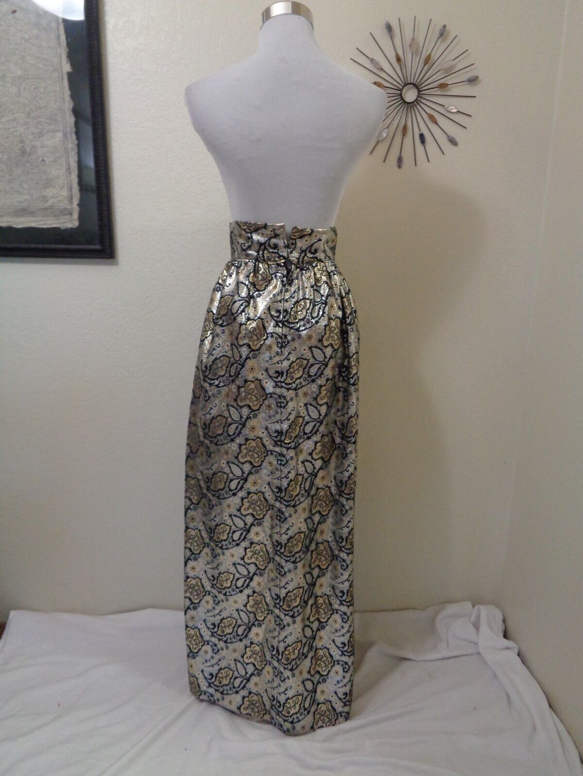 1970s MOD EVENING HANDMADE METALLIC SILVER/GOLD/BLACK PAISLEY FLORAL MAXI SKIRT - Fresh Stock Dated March 2026