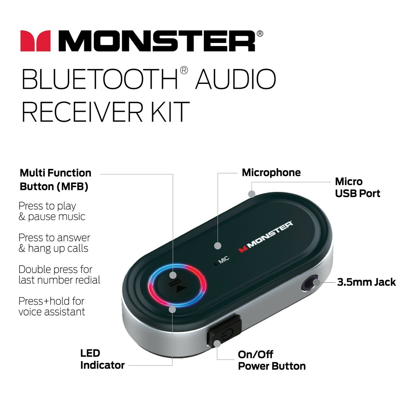 Monster Bluetooth Receiver to 3.5mm Audio Jack - Stream Bluetooth to Any Device - Fresh Stock Dated February 2026