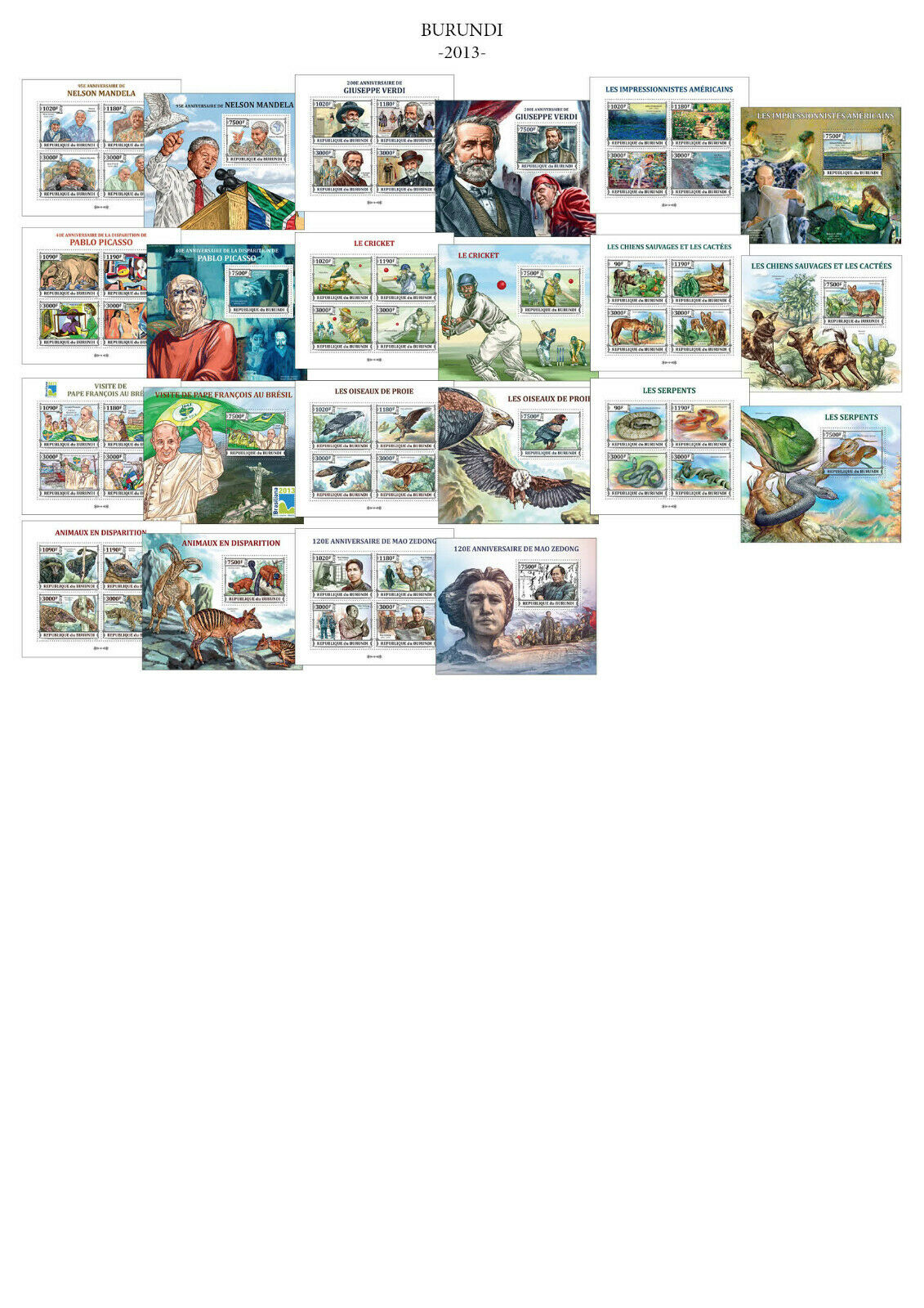 Burundi 2013 Year Set Mi. Mi. 2983 - 3332 + S/S many topics CAT. VALUE 1308 € - Fresh Stock Dated January 2026