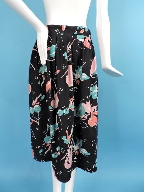 COLORFUL PRINT VINTAGE 1940’S BLACK COTTON SKIRT W FLORALS - Fresh Stock Dated February 2026