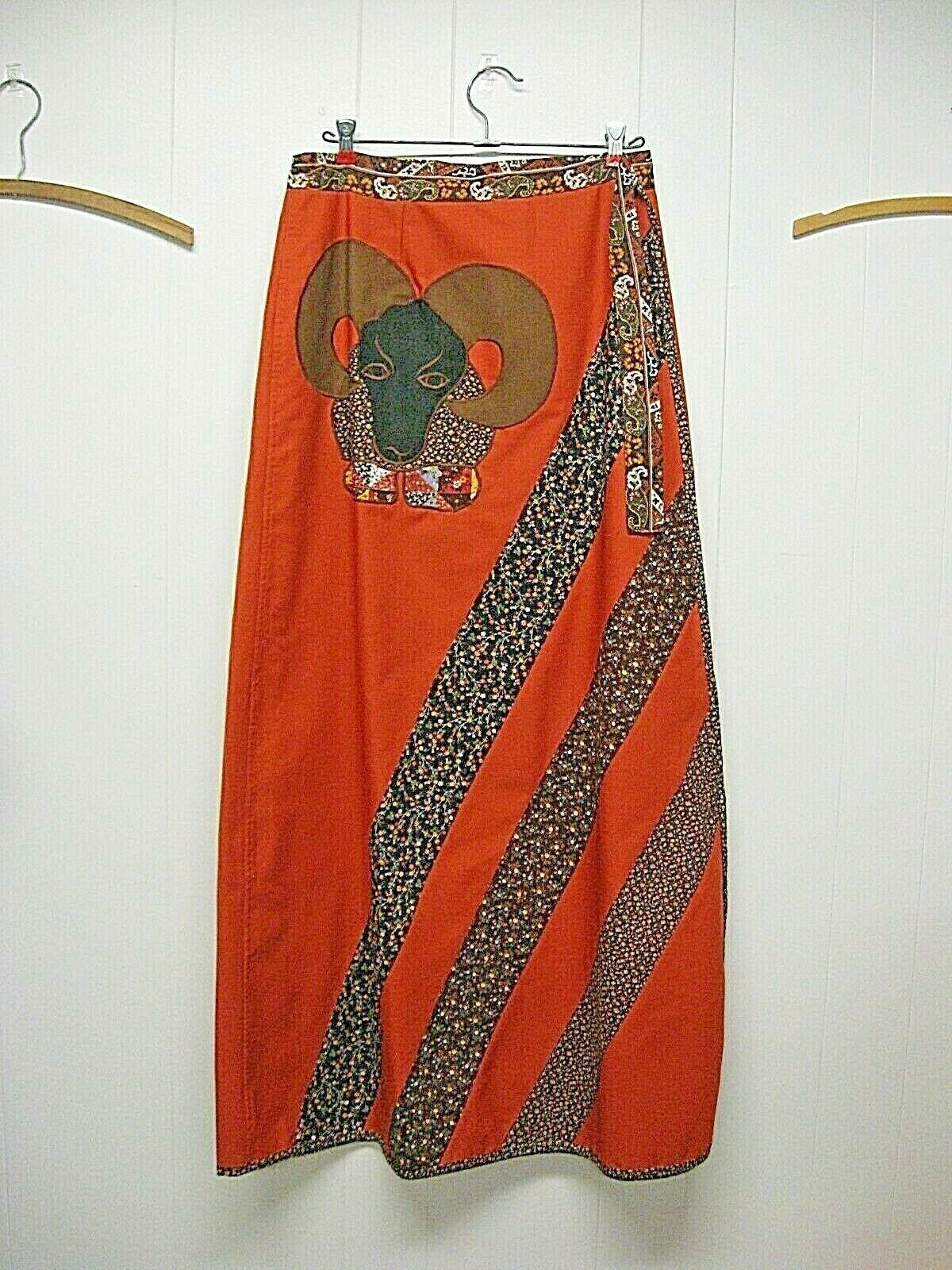 Vintage 60s 70s maxi skirt ORANGE BROWN Applique RAM MOUSE ANIMAL MAXI SKIRT - Fresh Stock Dated February 2026