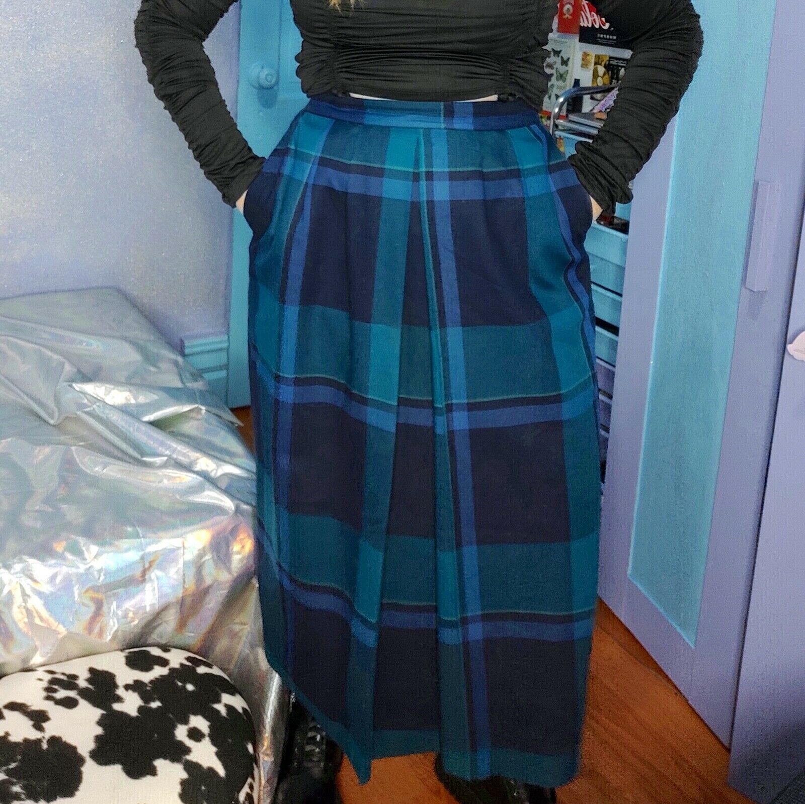 Vintage Hathaway plaid blue front pleated midi skirt 100% wool - Fresh Stock Dated February 2026