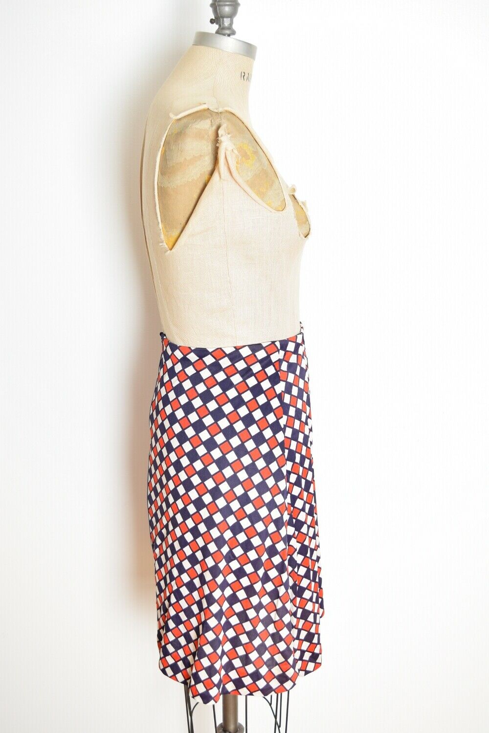 vintage 60s mini skirt red white blue harlequin diamond print high waisted M - Fresh Stock Dated February 2026