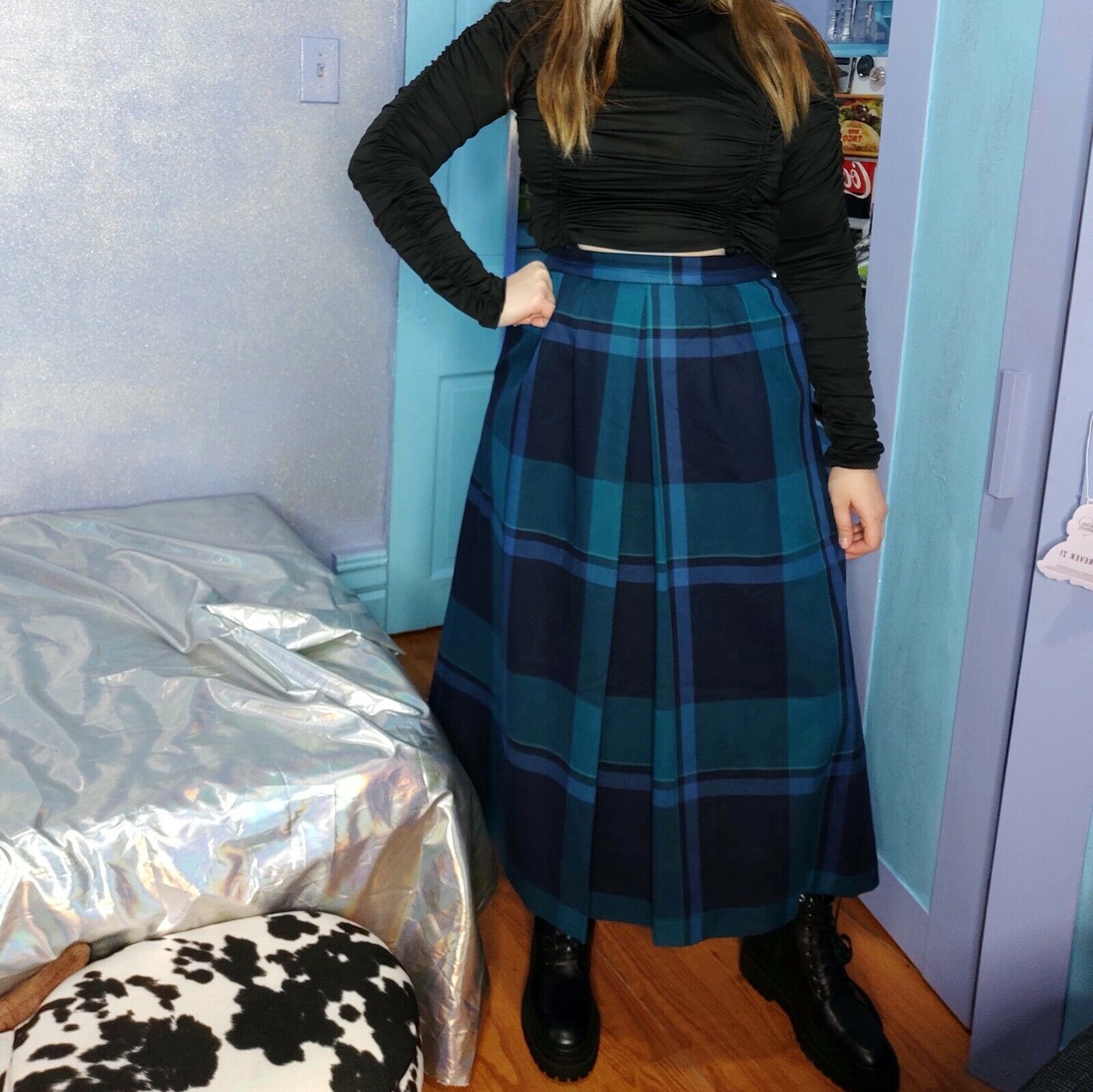 Vintage Hathaway plaid blue front pleated midi skirt 100% wool - Fresh Stock Dated February 2026