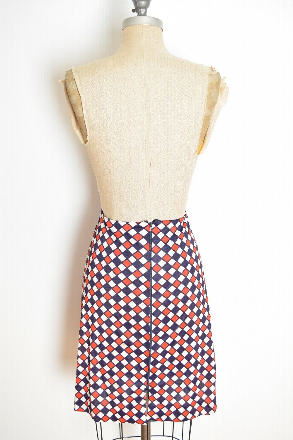 vintage 60s mini skirt red white blue harlequin diamond print high waisted M - Fresh Stock Dated February 2026