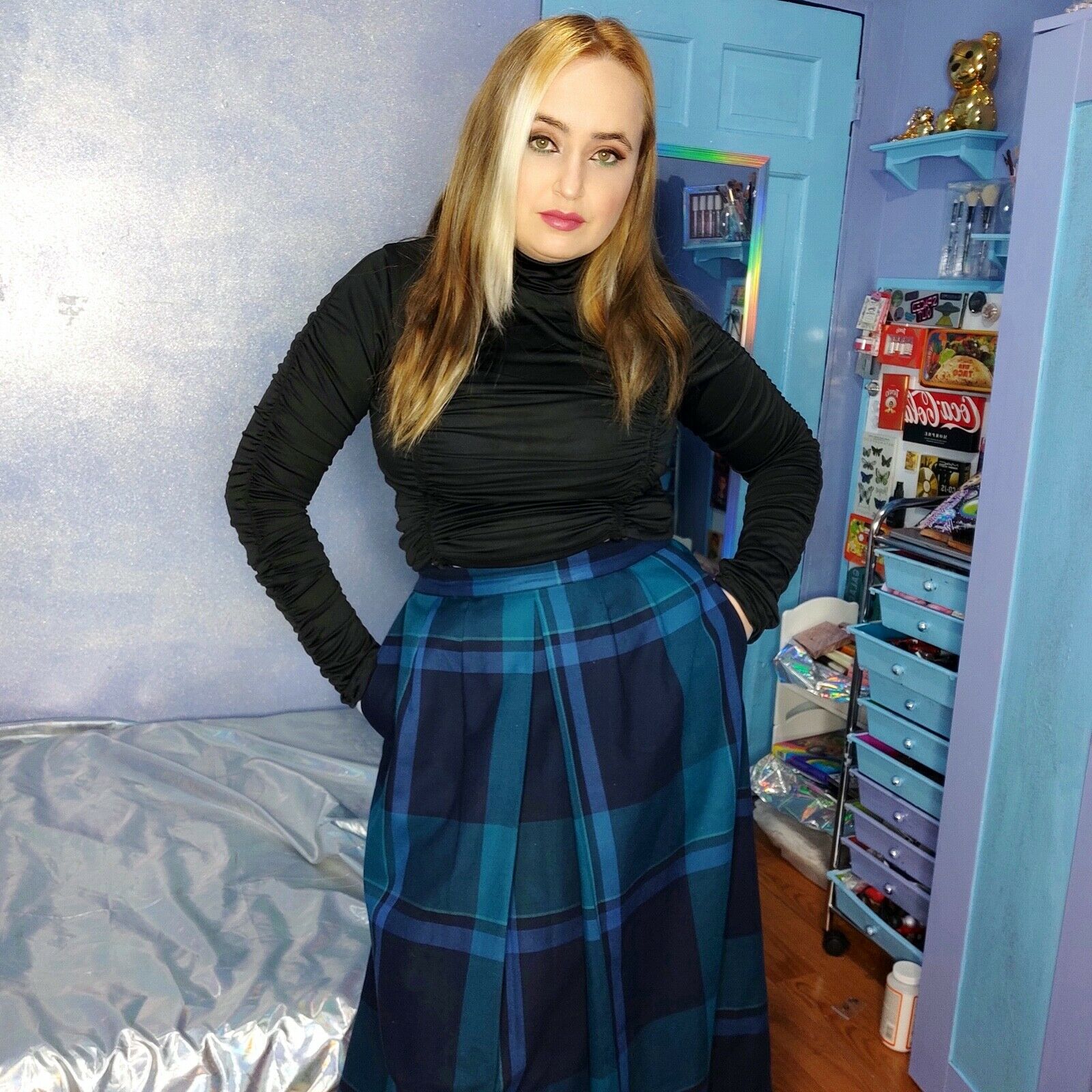 Vintage Hathaway plaid blue front pleated midi skirt 100% wool - Fresh Stock Dated February 2026