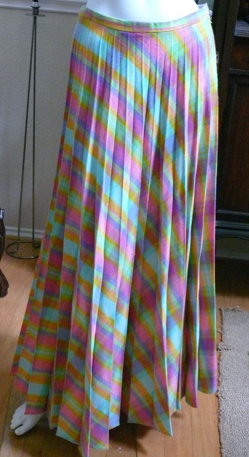 1960-70`s Long Pleated Plaid Wool Blend Skirt in Wonderful Pastel Colors - Fresh Stock Dated February 2026