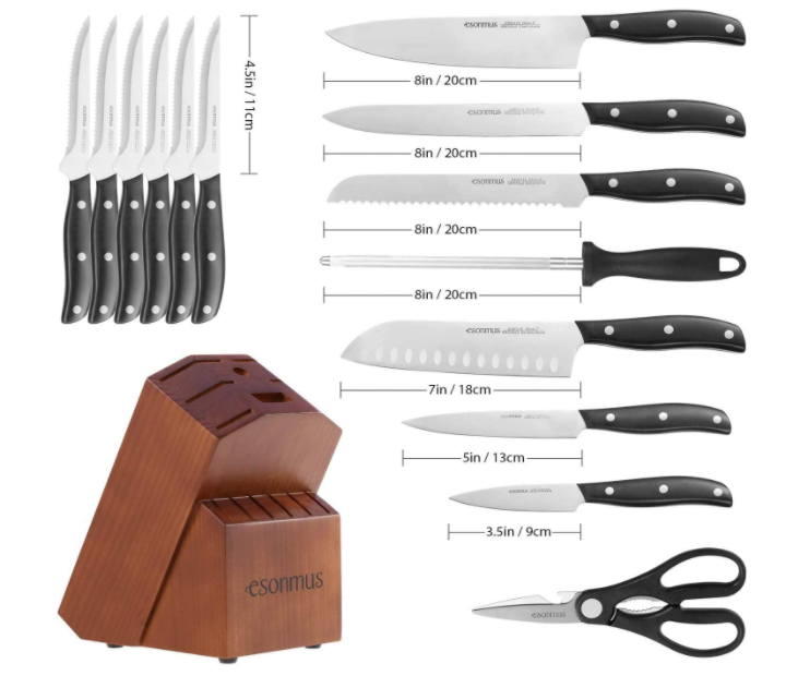 15-Piece German Stainless Steel Kitchen Knife Set with Wooden Block & Sharpener - Fresh Stock Dated December 2025