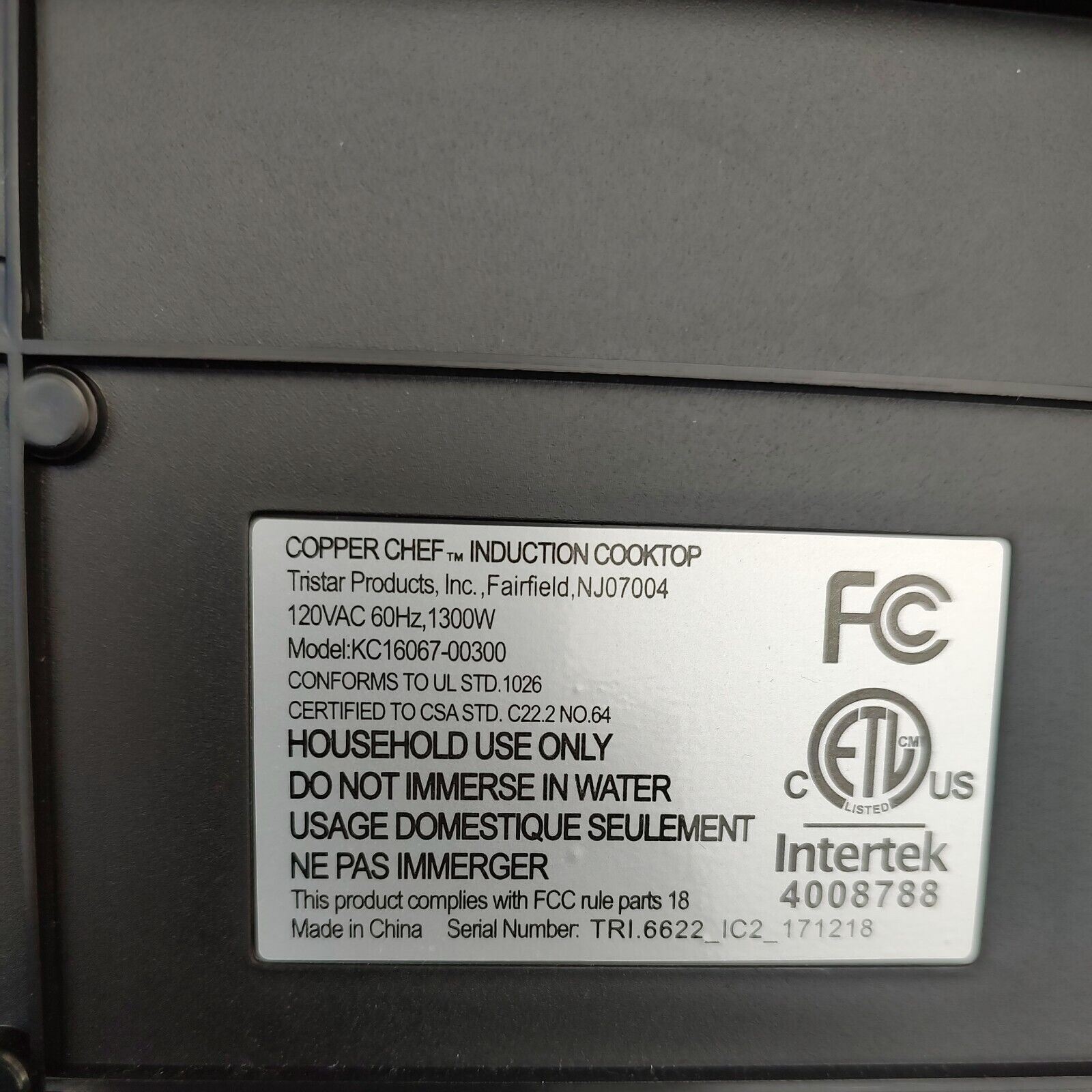 COPPER CHEF Induction Cooktop 1300 Watts KC16067-00300 Black - Fresh Stock Dated February 2026