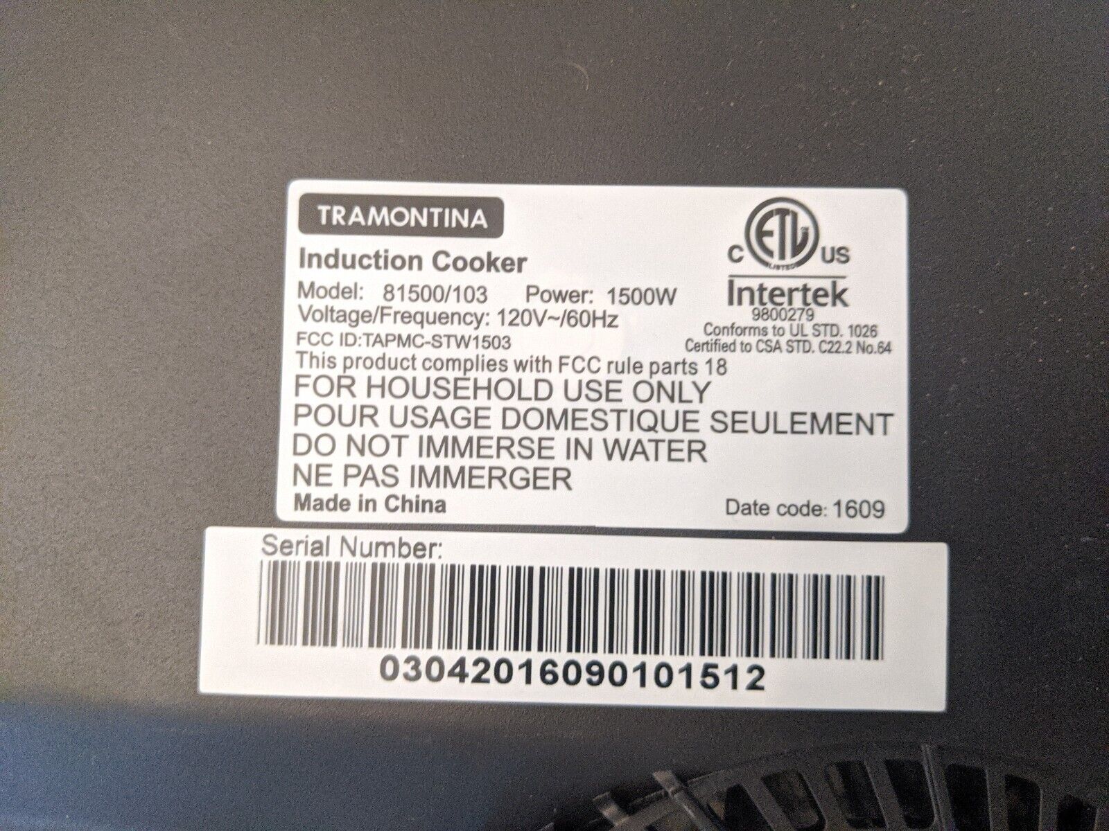 Tramontina Induction Cooktop Cooker Single Burner Glass Top Model #81500/103 - Fresh Stock Dated February 2026