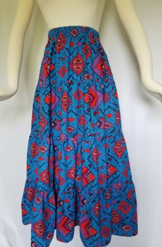 Vintage S/M Aztec Tiered MAXI Skirt Southwest Loud Geometric High Waist 80s 90s - Fresh Stock Dated February 2026