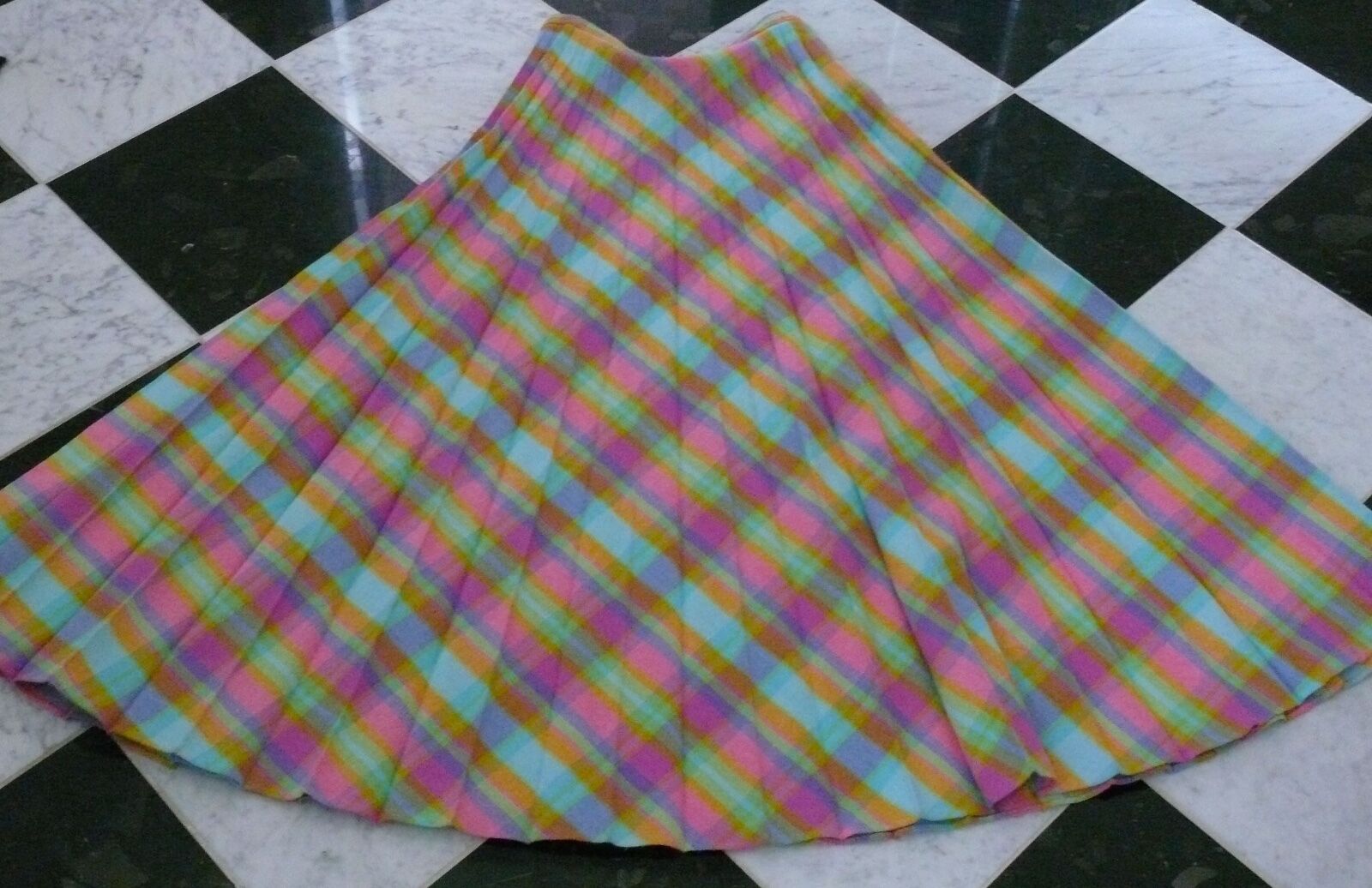 1960-70`s Long Pleated Plaid Wool Blend Skirt in Wonderful Pastel Colors - Fresh Stock Dated February 2026