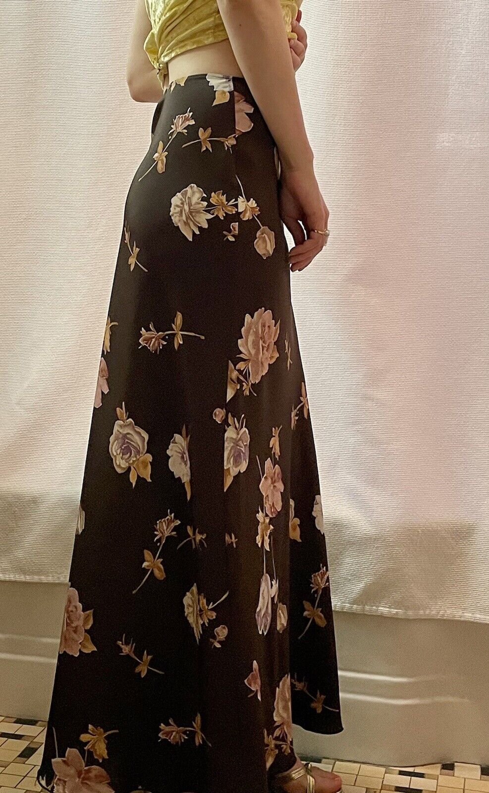 vintage 90s y2k maxi skirt brown floral rose print slip size small - Fresh Stock Dated March 2026