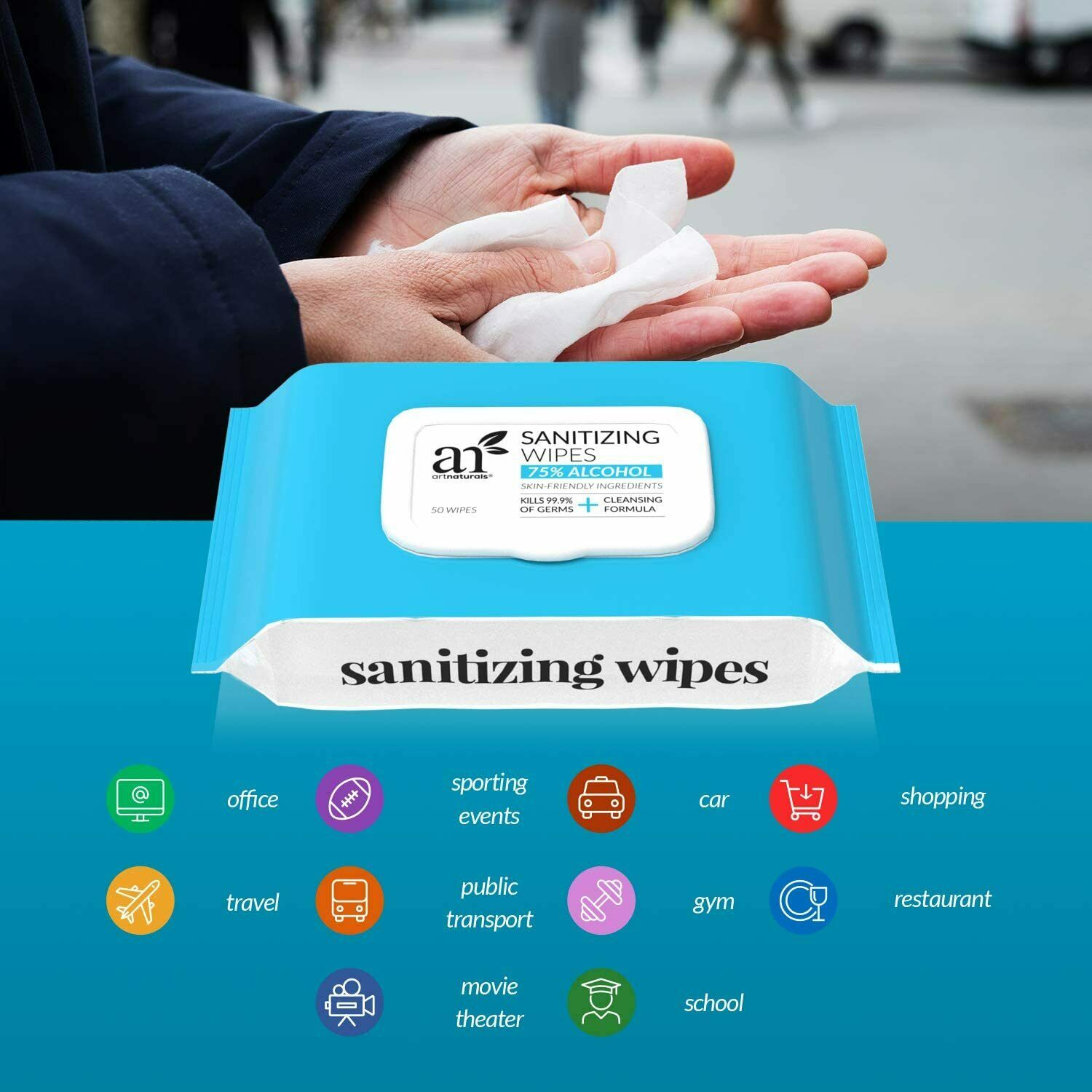 ArtNaturals Hand Sanitizing Wipes 75% Alcohol-Based - Unscented (6Pack.) 300 Pcs - Fresh Stock Dated February 2026