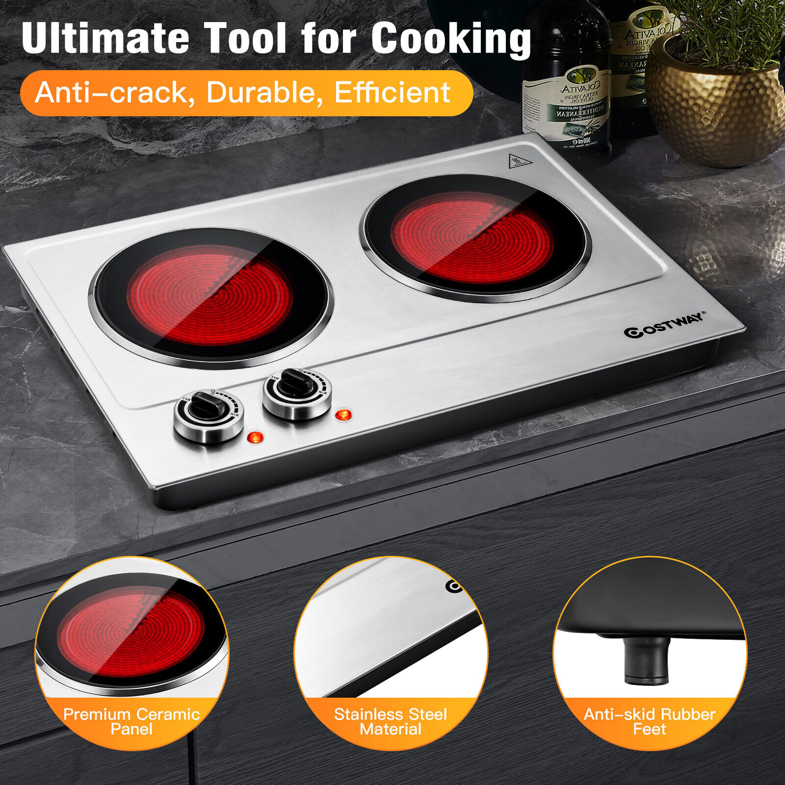 Costway1800W Stainless Steel Electric Hot Plate Ceramic Double Infrared Burner - Fresh Stock Dated February 2026