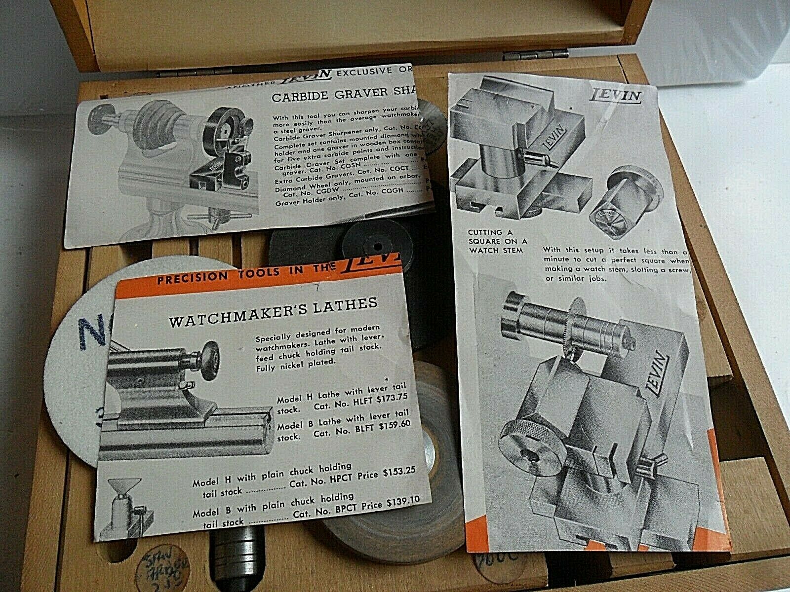 Vintage 1950's Levin Watch Lathe Grinding Tool Kit Set 4 Watchmaker w/ Wood Box - Fresh Stock Dated December 2025