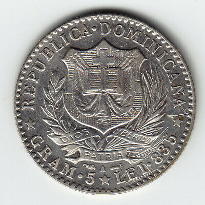 DOMINICAN REP. 1 Franco 1891-A KM11 Ag 1-yr type HIGH GRADE some scratches RARE! - Fresh Stock Dated December 2025
