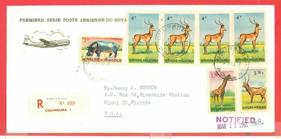 Burundi Topic ANIMAL Deer ++ 7 Imperf stamp used on Registered cover to USA 1965 - Fresh Stock Dated December 2025