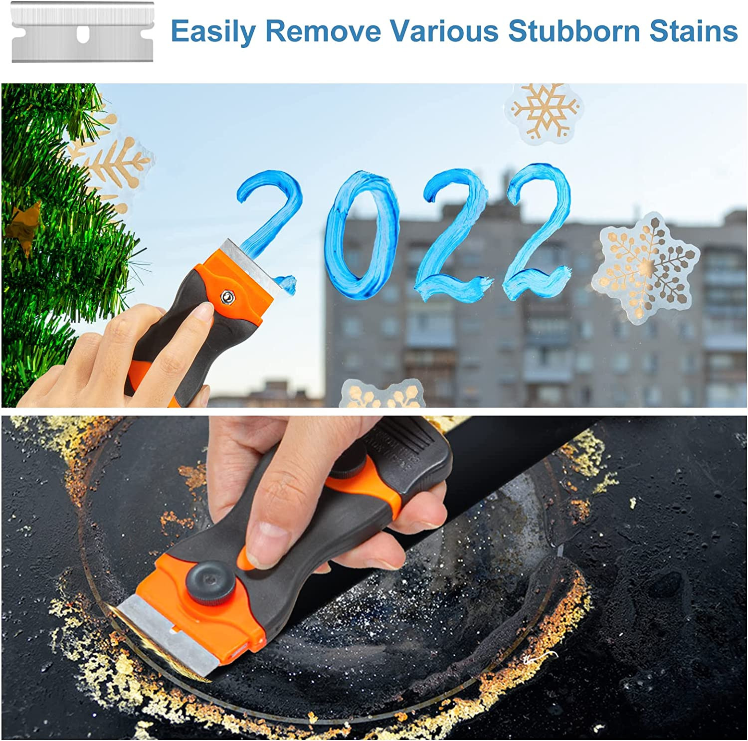 2 Pcs Razor Blade Scraper, Fertoriy 2 in 1 Scraper Tool with 30 Pcs Plastic Razo - Fresh Stock Dated February 2026