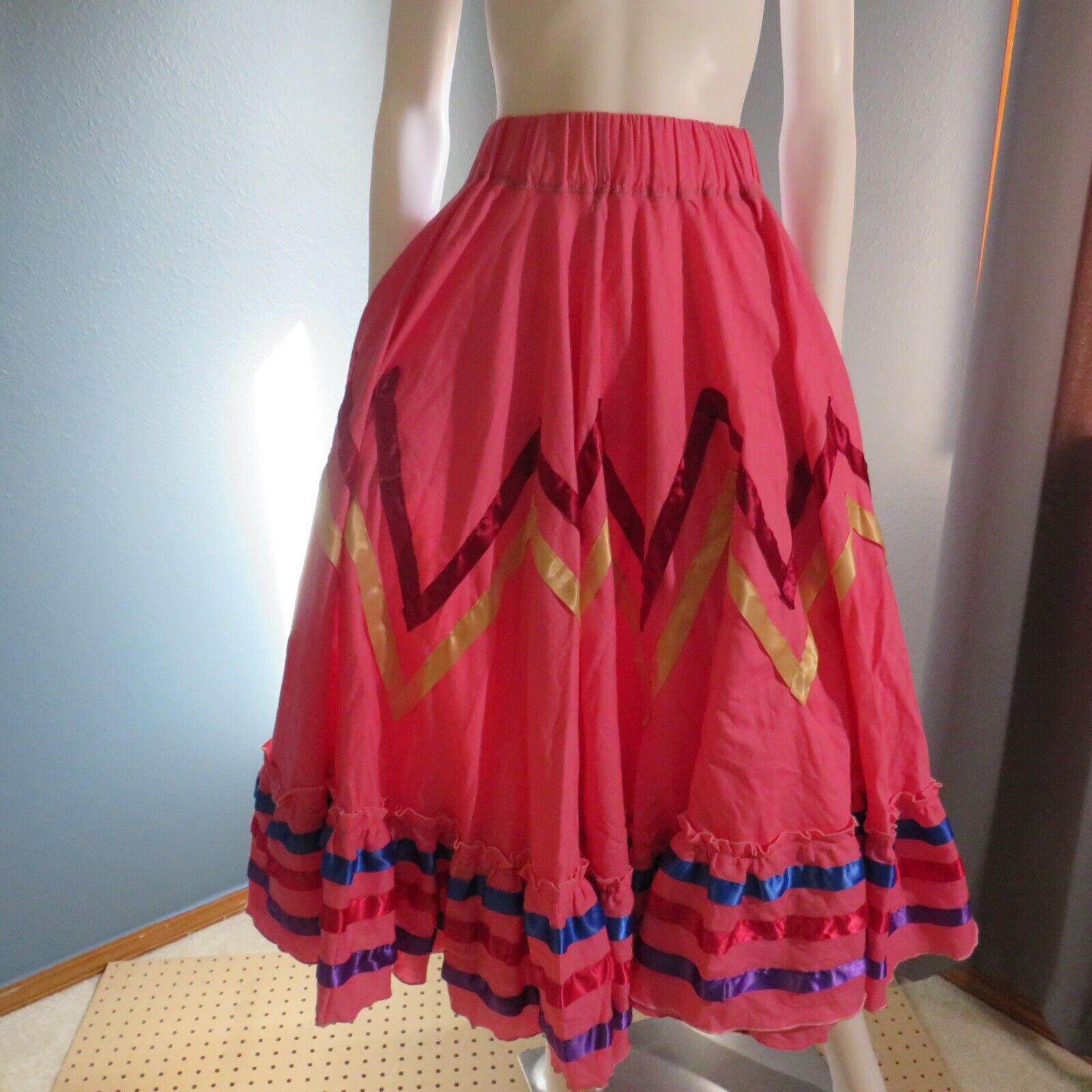Vintage Mexican Fiesta Patio Dance Skirt Bright Pink w Ribbons M - Fresh Stock Dated March 2026
