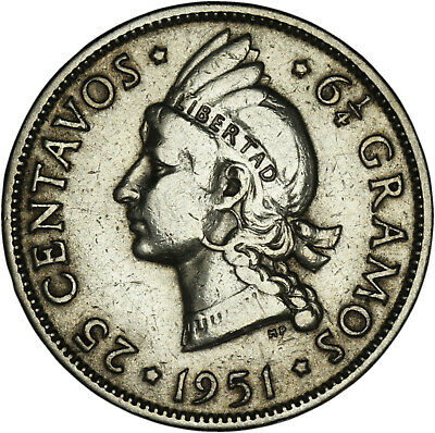 Dominican Republic: 25 Centavos silver 1951 - VF - Fresh Stock Dated February 2026