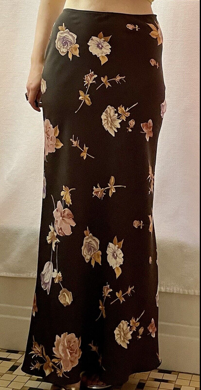 vintage 90s y2k maxi skirt brown floral rose print slip size small - Fresh Stock Dated March 2026