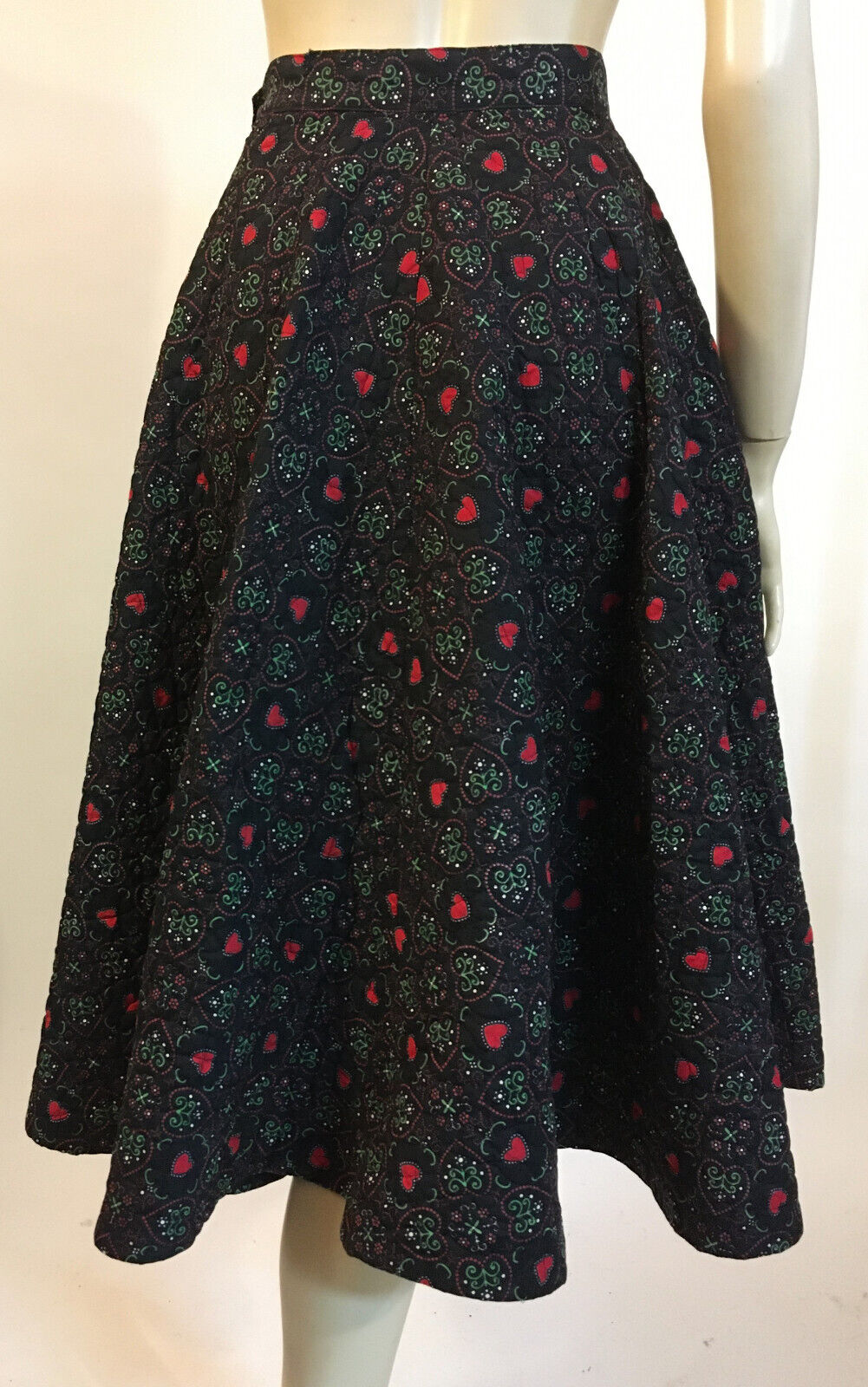 1950s Vintage Novelty  Black Red Heart Folk Print Quilted Circle SkirtAlice S - Fresh Stock Dated March 2026