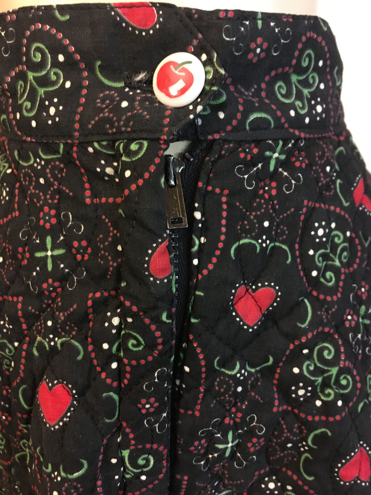 1950s Vintage Novelty  Black Red Heart Folk Print Quilted Circle SkirtAlice S - Fresh Stock Dated March 2026