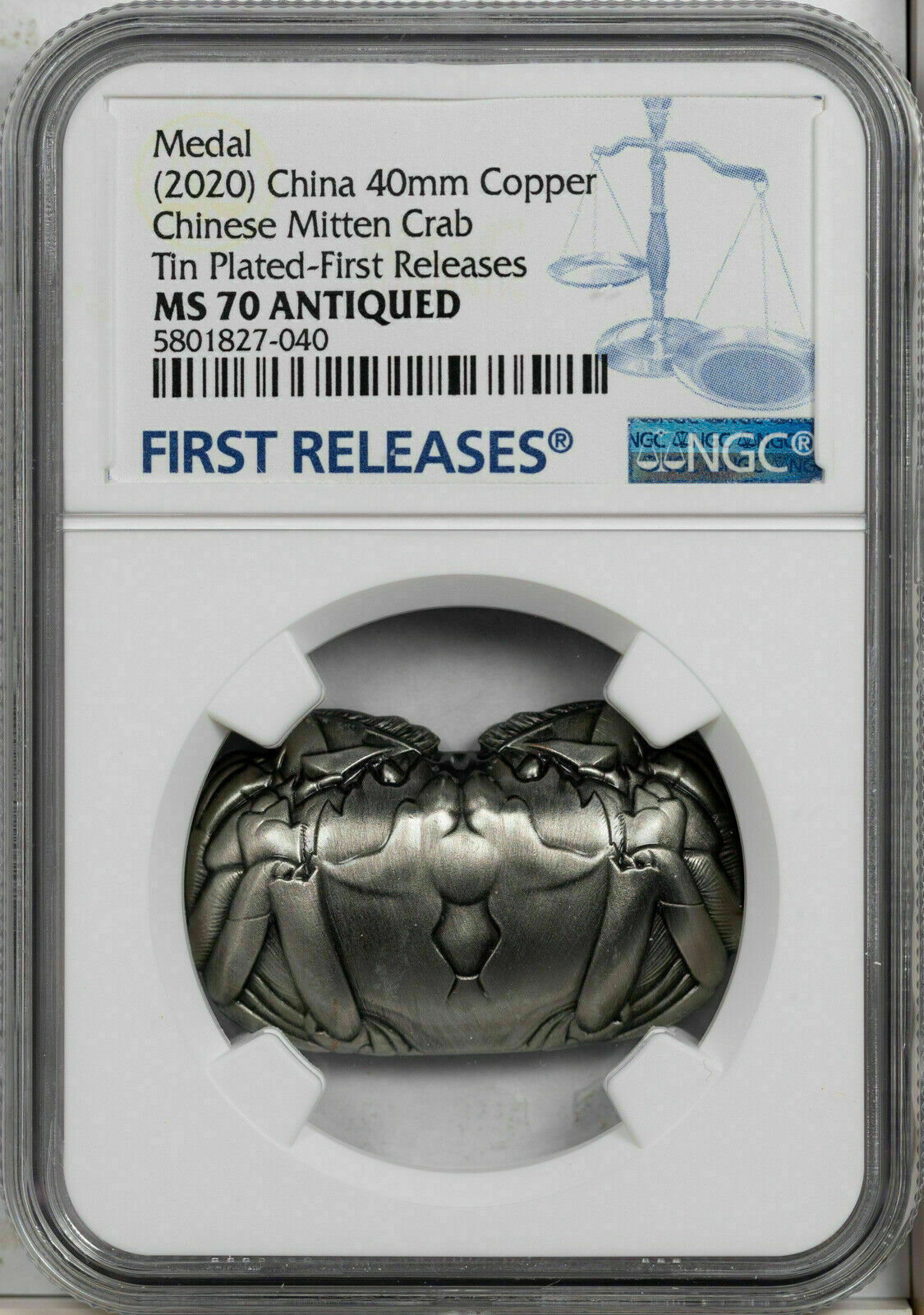 2020 CHINA 40mm COPPER-TIN CHINESE MITTEN CRAB NGC MS70 ANTIQUED FINEST KNOWN - Fresh Stock Dated February 2026